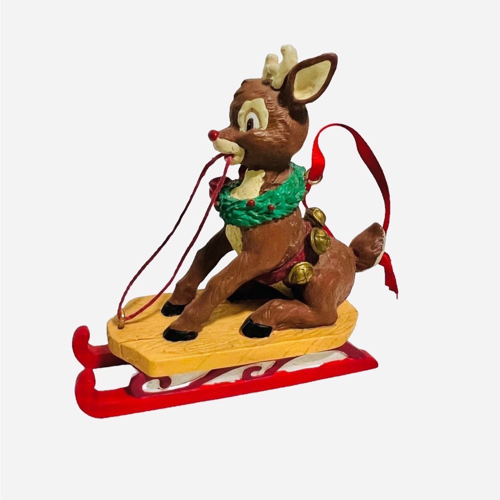 Rare Vintage Rudolph Co Midwest Imports Rudolph Riding Sled Christmas Ornament